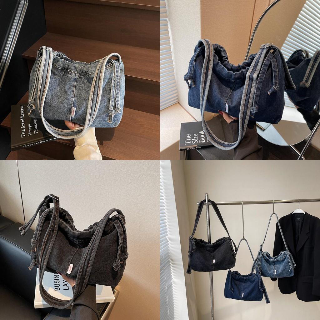 Casual Denim Crossbody Bag For Women With Drawstring Switch And Soft Material For Daily Wear
