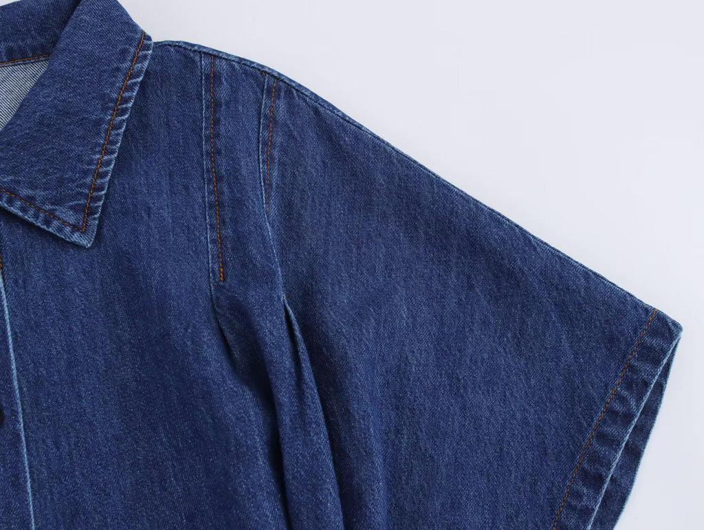 2025 Cotton French Retro Slimming Denim Shirt Dress – High-End Waist-Cinching Long Dress for Women, Autumn Collection