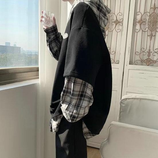 Мужская весенняя рубашка, дышащая искусственная двухсекционная свободная пуловер с длинными рукавами, теплая мужская осенняя рубашка с капюшоном и шнурком средней длины, мужская одежда