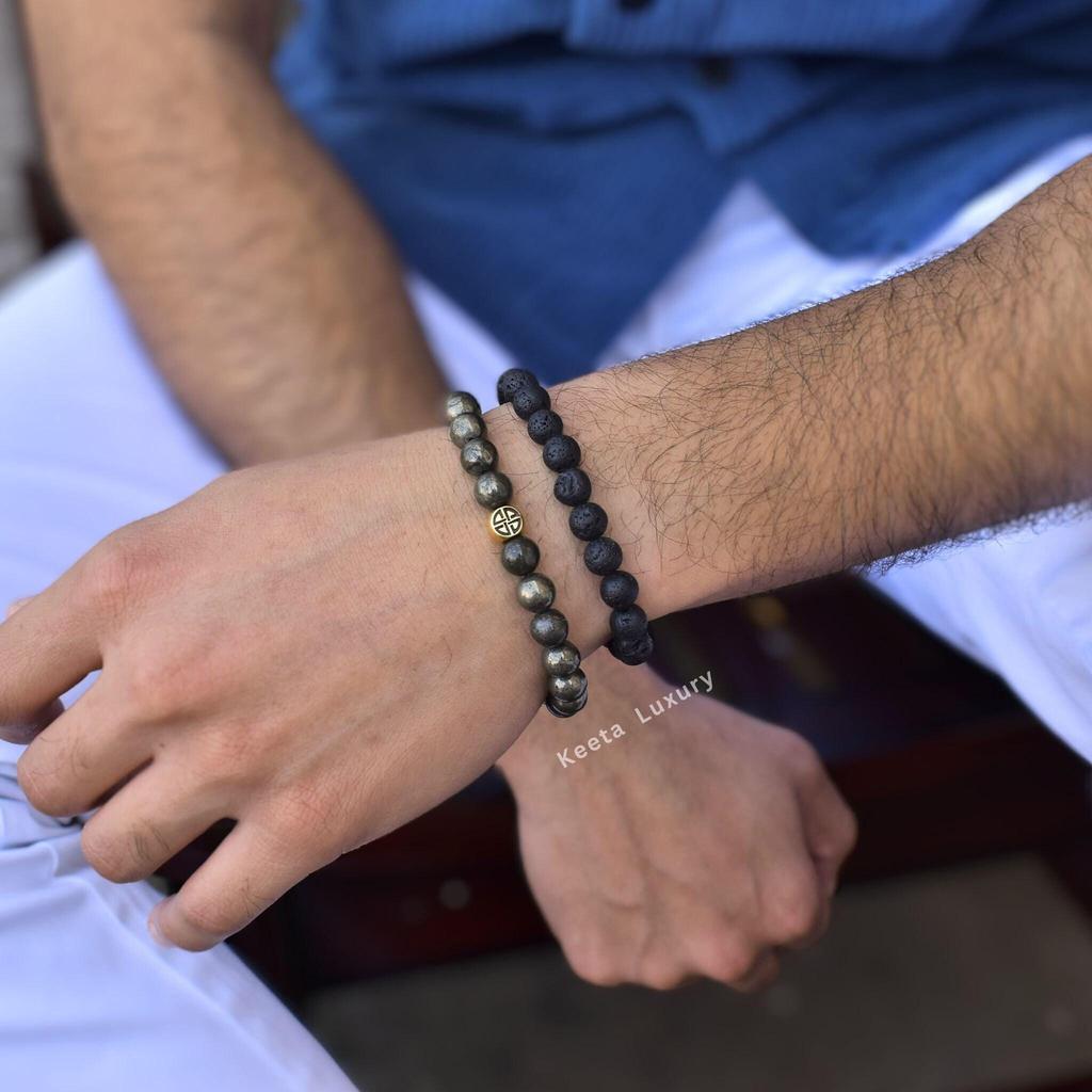 Natural Pyrite And Lava Beaded Bracelets Two Gemstone Stretchable Bracelets For men Healing Gemstone Jewelry Unique Gifts for him
