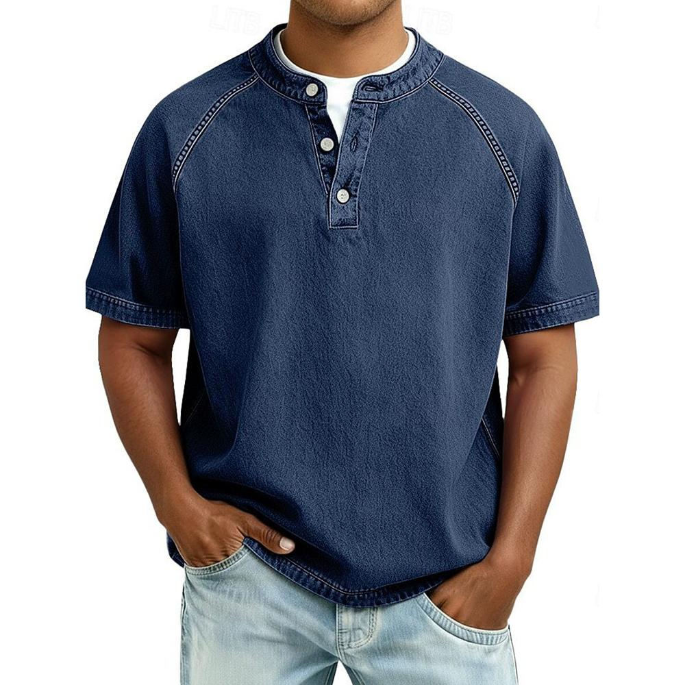 Men's Vintage Washed Henley T-Shirt Casual Solid Color Short Sleeve Tops Breathable Button Placket Tee for St… More