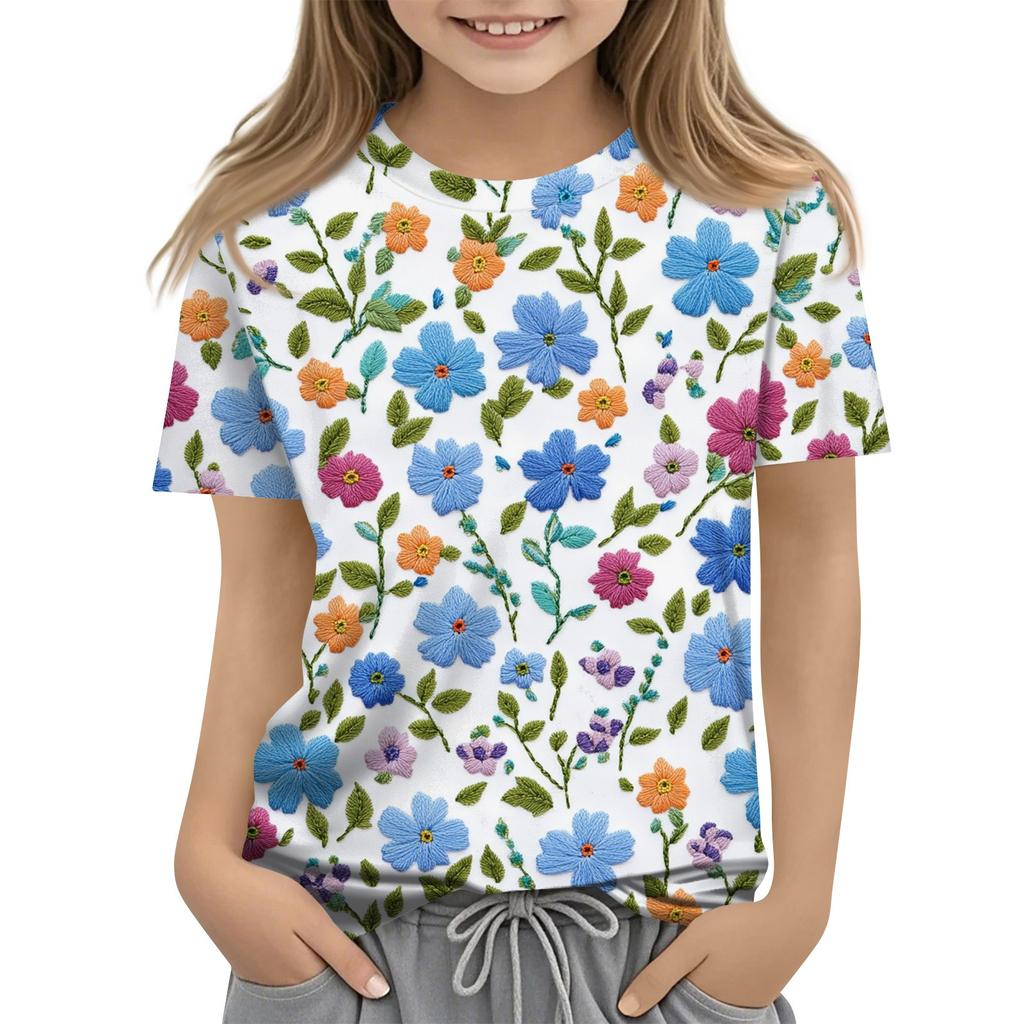 Летний топ с круглым вырезом и 3D-цветочным принтом, модные повседневные футболки с короткими рукавами для девочек