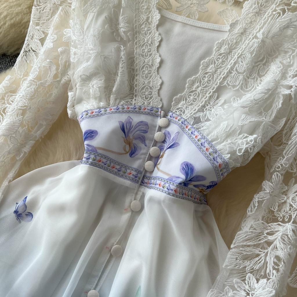 Весна Осень Женские Элегантные Кружева Расклешенные Рукава Глубокий V-образный Вырез Принт Длинные Макси Праздничные Платья Для Вечеринок