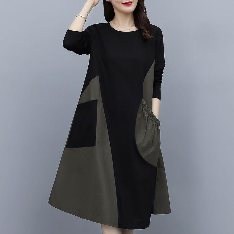 Autumn 2025 Plus Size Slimming Color Block Long Sleeve Dress for Women