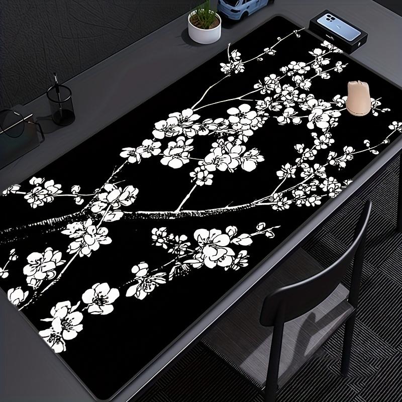 pc Large Floral Mouse Pad NonSlip Rubber Base Durable Stitched Edges Black with White Cherry Blossom Design