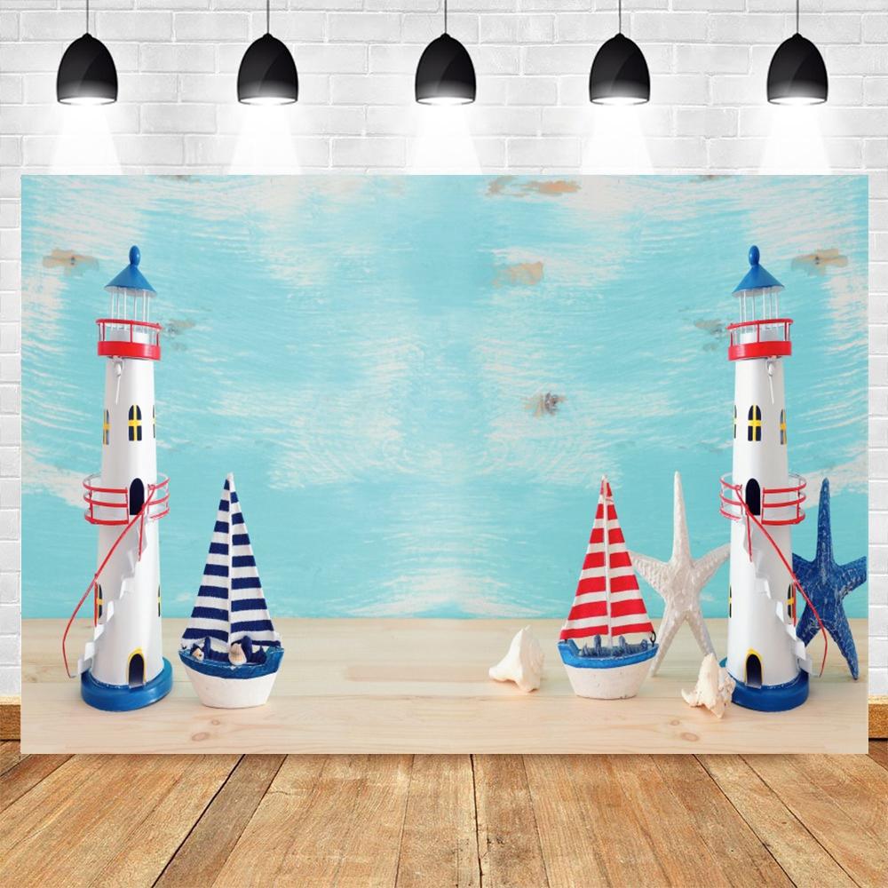 Nautical theme baby party background for photography, sailboat, boat, starfish, wooden board, sailor portrait, Photo background
