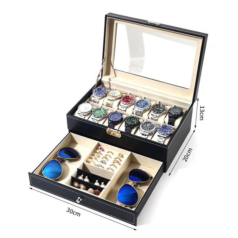 12-слотовые запирающиеся коробки для хранения часов из искусственной кожи, мужские и женские ювелирные изделия, ящик для показа, двухъярусный органайзер, витрина для часов