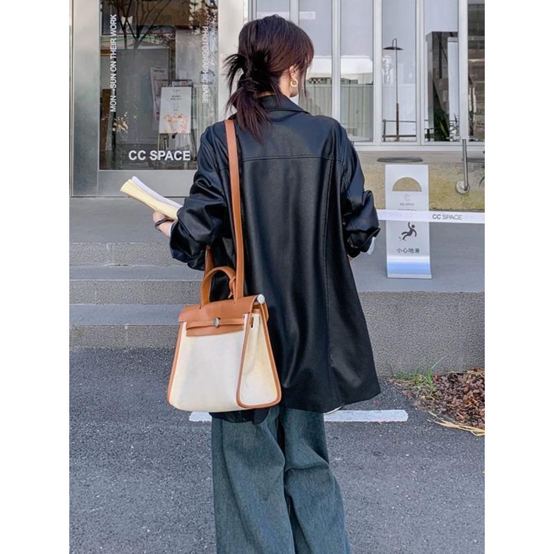 Черная кожаная куртка для женщин весна-осень новая ретро куртка с лацканами топ средней длины