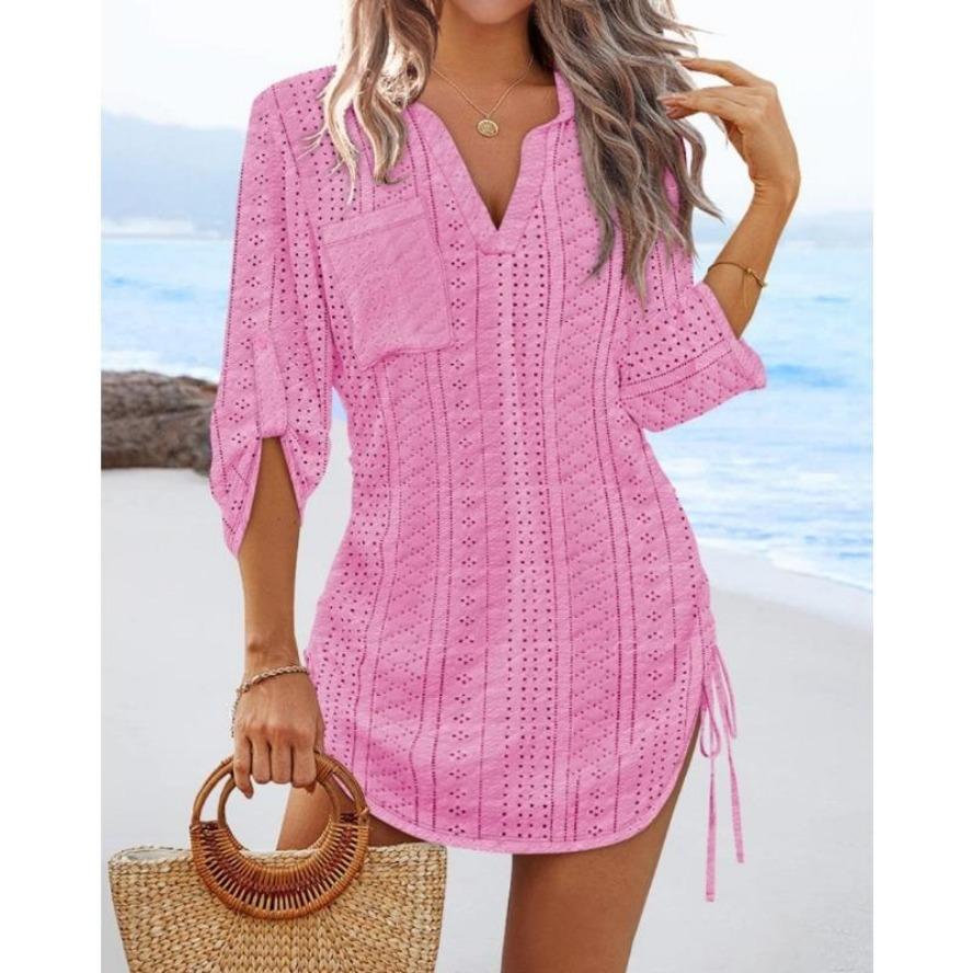 YYFS Женская мода лето весна однотонный принт с коротким рукавом и v-образным вырезом свободная талия повседневные платья