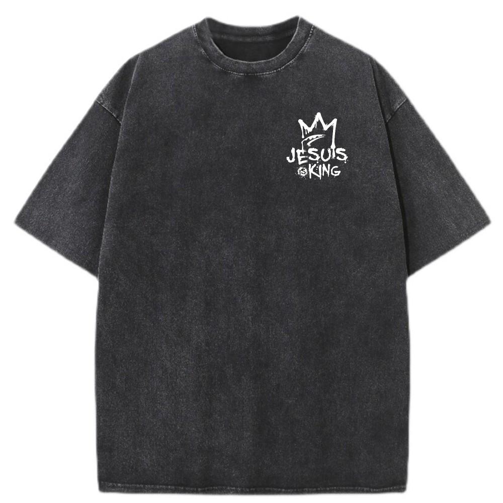Mens Vintage Washed Cotton Oversized TShirt Jesus Is King Faith Graphic Tee