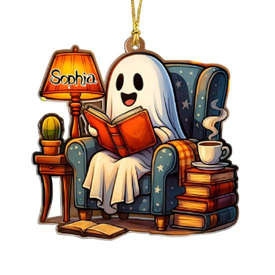 Cute Ghost Reading Book Ornament 2D Acrylic Ghost Pumpkin Window Hanging Decoration for Halloween Home Party Decor