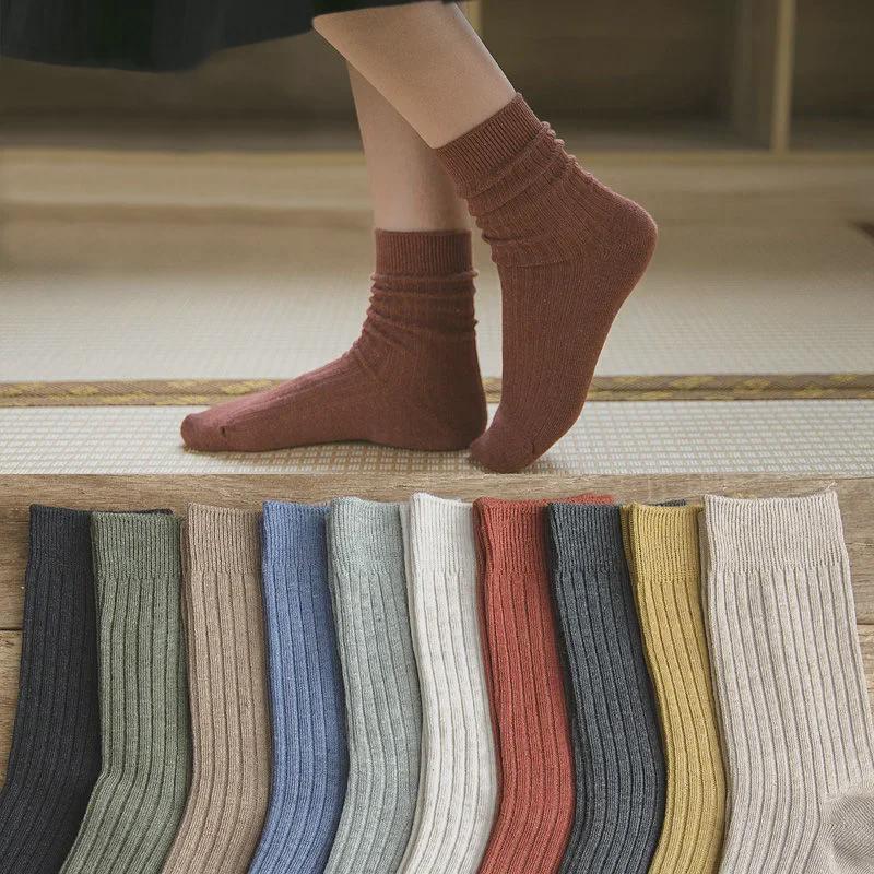 Women's Retro Forest Style Cotton Mid-Tube Socks - Versatile Solid Color for Autumn & Winter, Japanese-Style Long Pile Socks