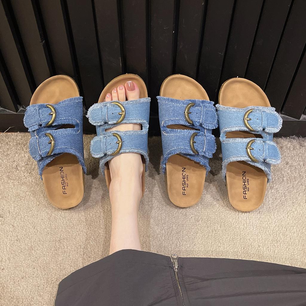 Импортные тапочки большого размера с плоской подошвой для женщин, лето 2025, новые европейские и американские ретро-джинсовые тапочки с толстой подошвой для женщин