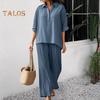 Women's Cotton Linen 2 Piece Set Casual Lapel V Neck Short Sleeve Top Wide Leg Pants Set Summer Loose Lounge Outfits