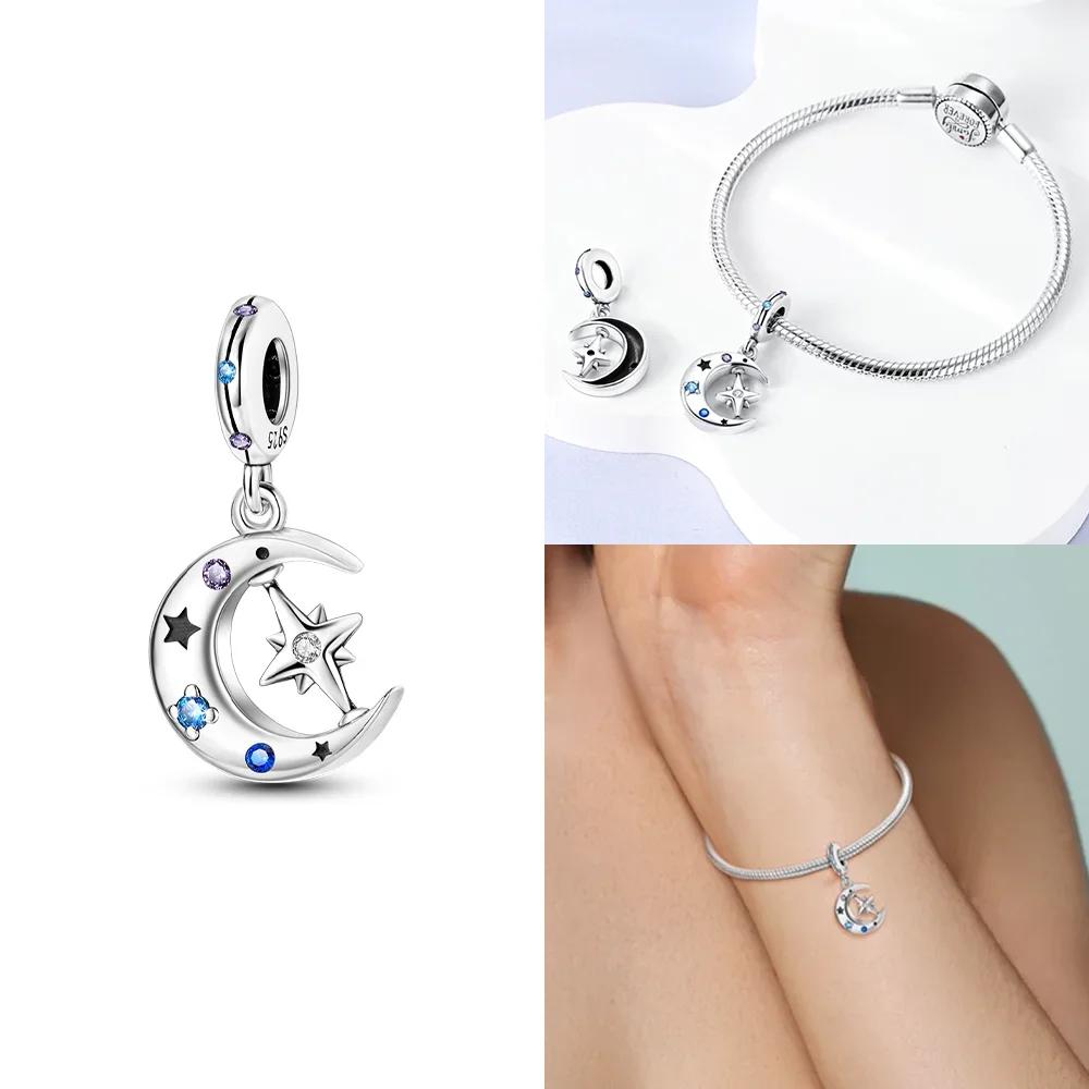 Authentic copper Charm Moon Yellow Stars Blue Zircon Feathers Bead Charms Compatible With Bracelets Women Diy Accessory Valentines Fine Gift