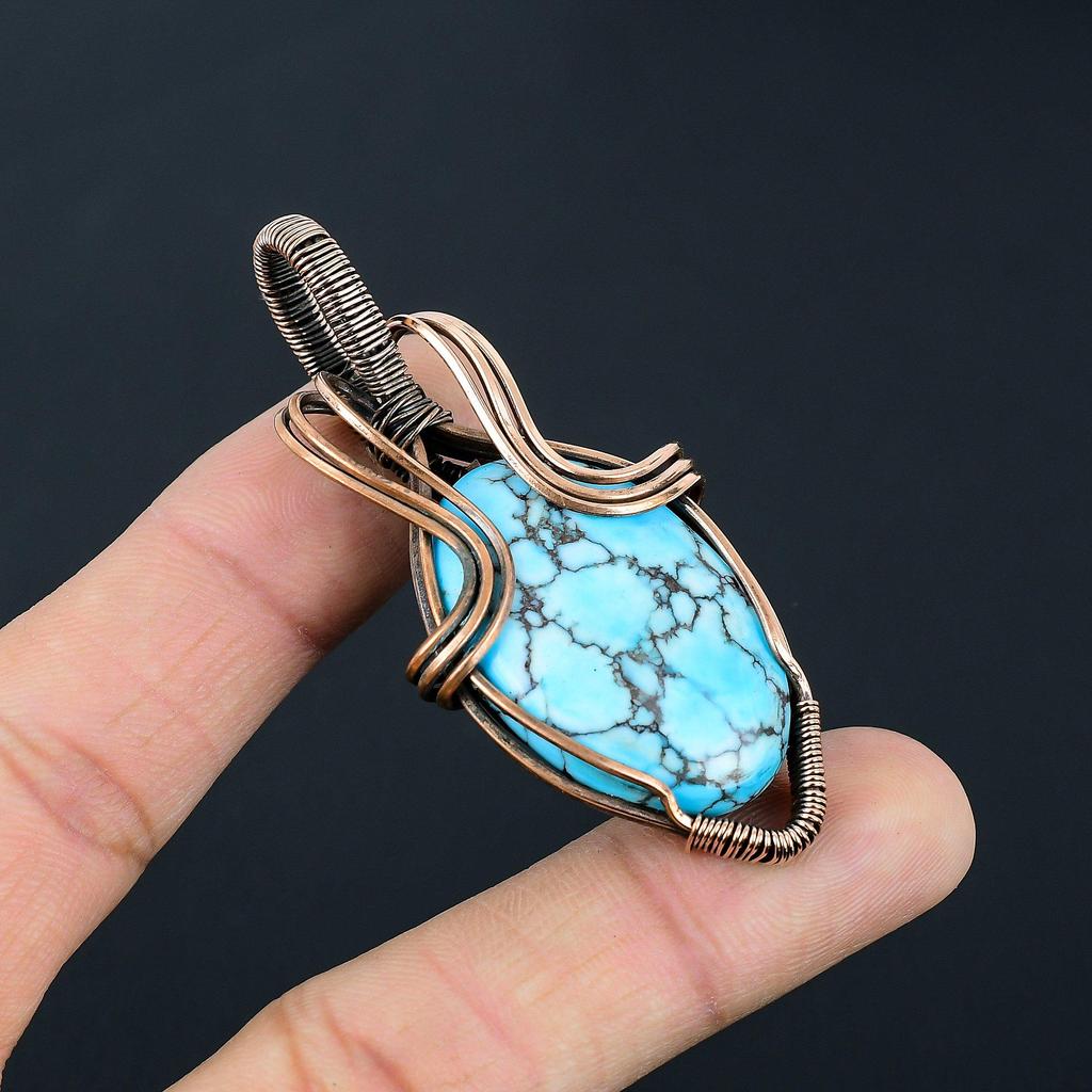 Тибетский бирюзовый драгоценный камень ручной работы из чистой медной проволоки, ювелирное изделие, кулон для женщин
