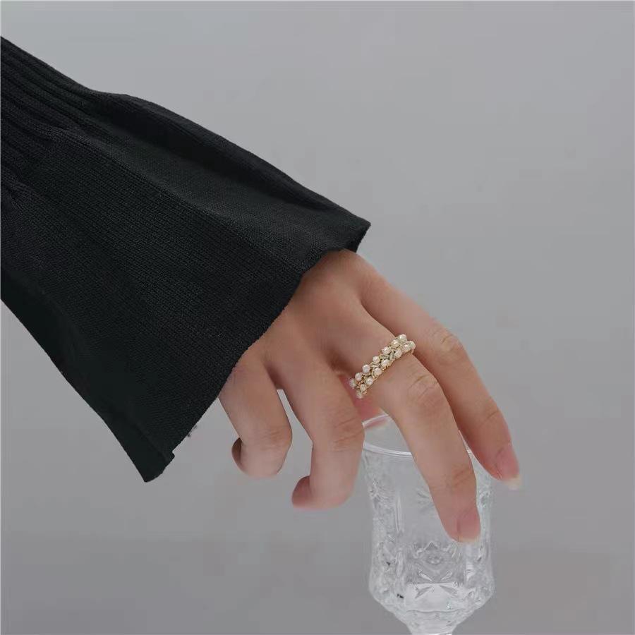 Elegant Double Row Micro-Inlaid Pearl Ring - Light Luxury Niche Design