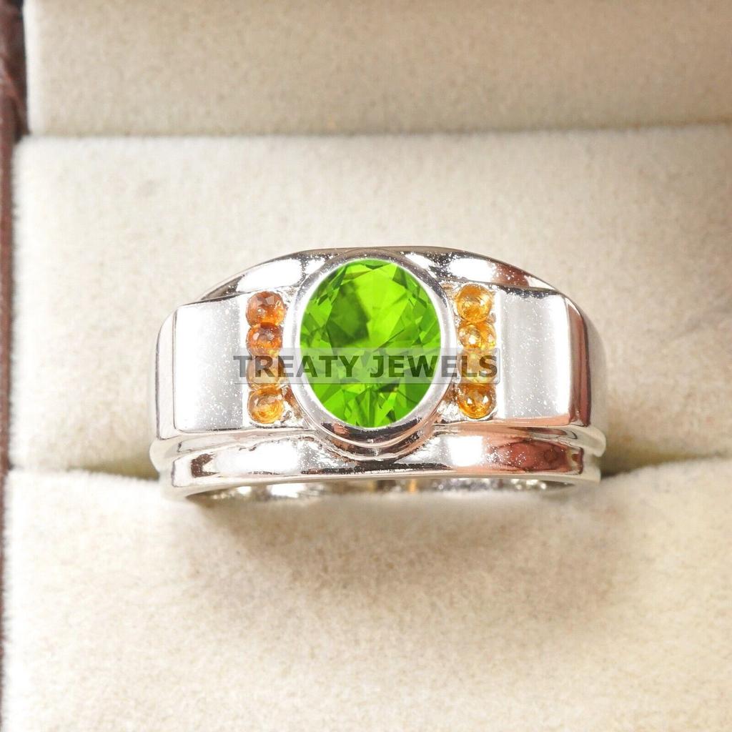 Peridot Oval Cut Gemstone With 925 Sterling Silver Ring For Men's #B487 JL375683948514