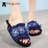 Fashion Handmade Camellia Denim Slippers Woman Summer Cool Tassel Open Toe Slides Sweet Flowers Flat Flip Flops Mujer Slippers Woman New
