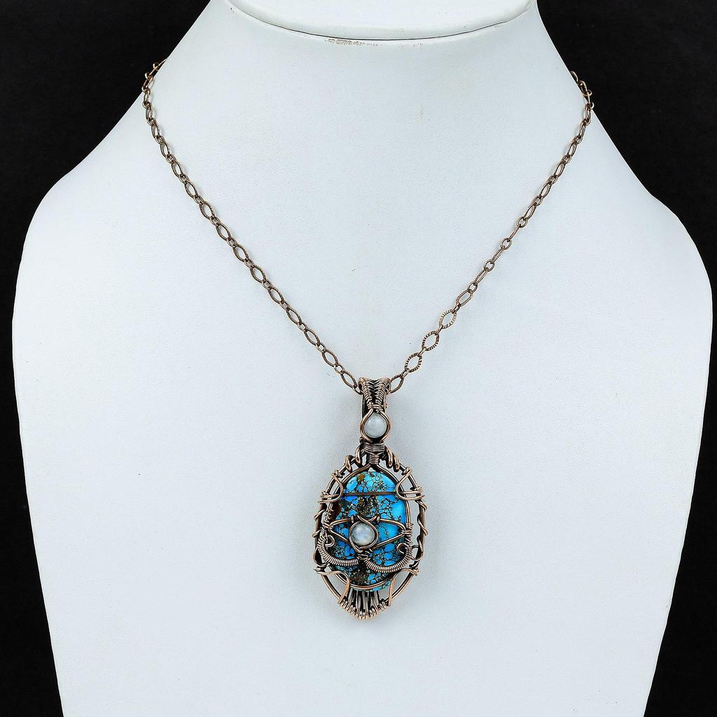 Подвеска из тибетской бирюзы от сглаза, подвеска из медной проволоки, подвеска из лунного камня, ручная работа, медные украшения, подарок для мамы, подвески из настоящих драгоценных камней