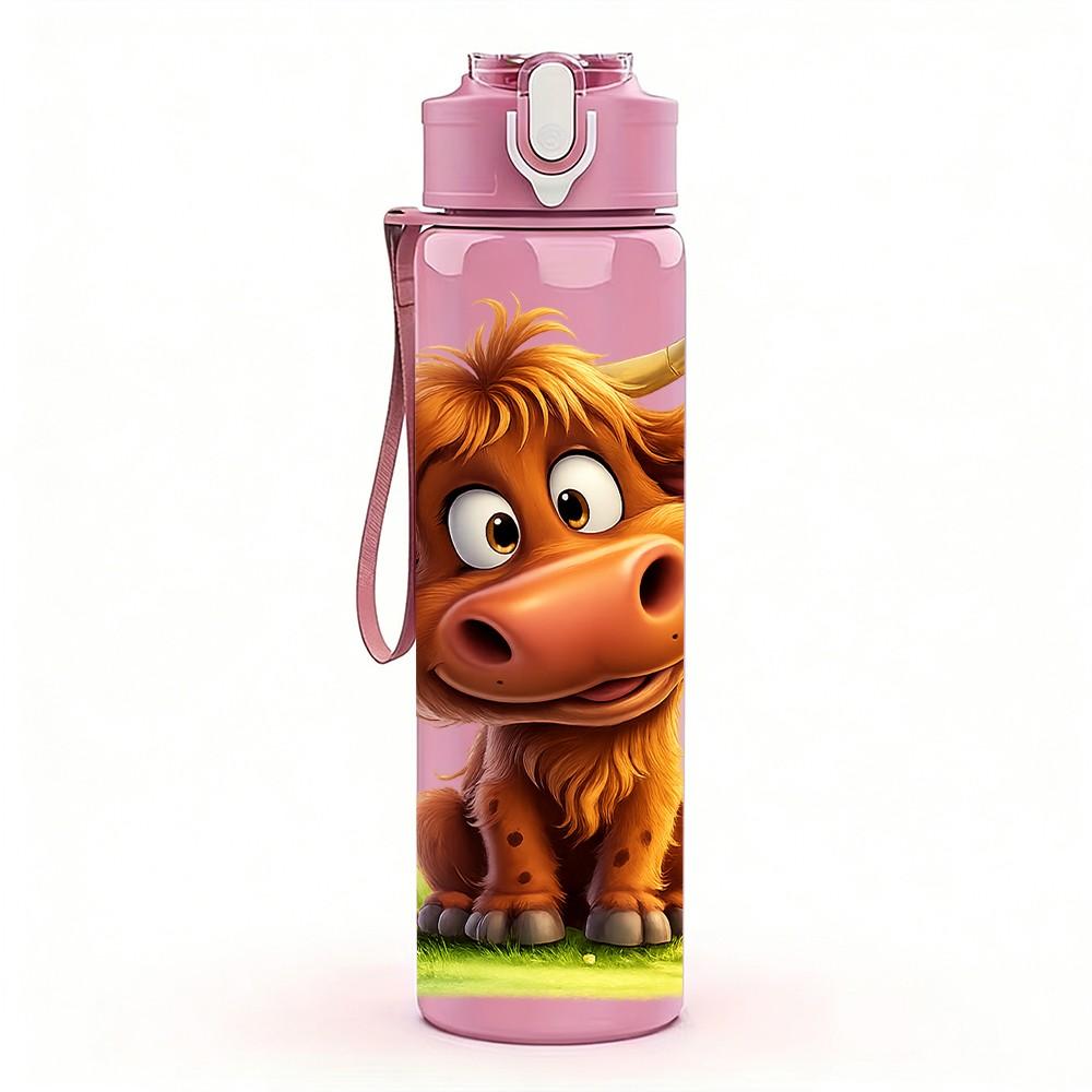 1PC Highland Cow Grass Cartoon Print 750ml Color Plastic Sports Water Bottle Leakproof Flip Straw Lid Suitable for Sports Office Home Use