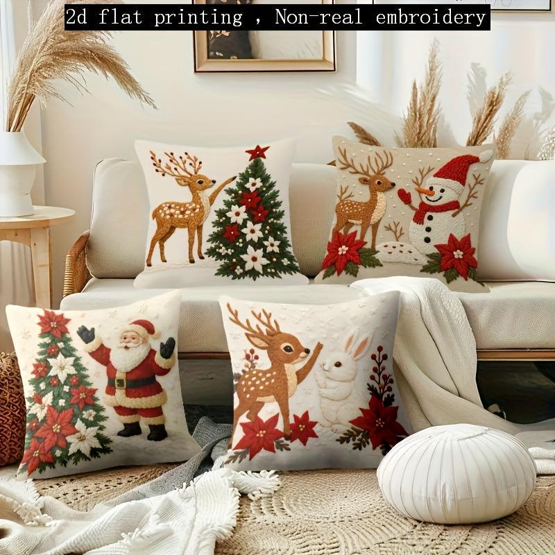 4Pcs 2D Flat Print Christmas Pillow Covers,Vibrant Holiday Design,Soft Polyester Zippered Washable For Living Room Outdoor Decor