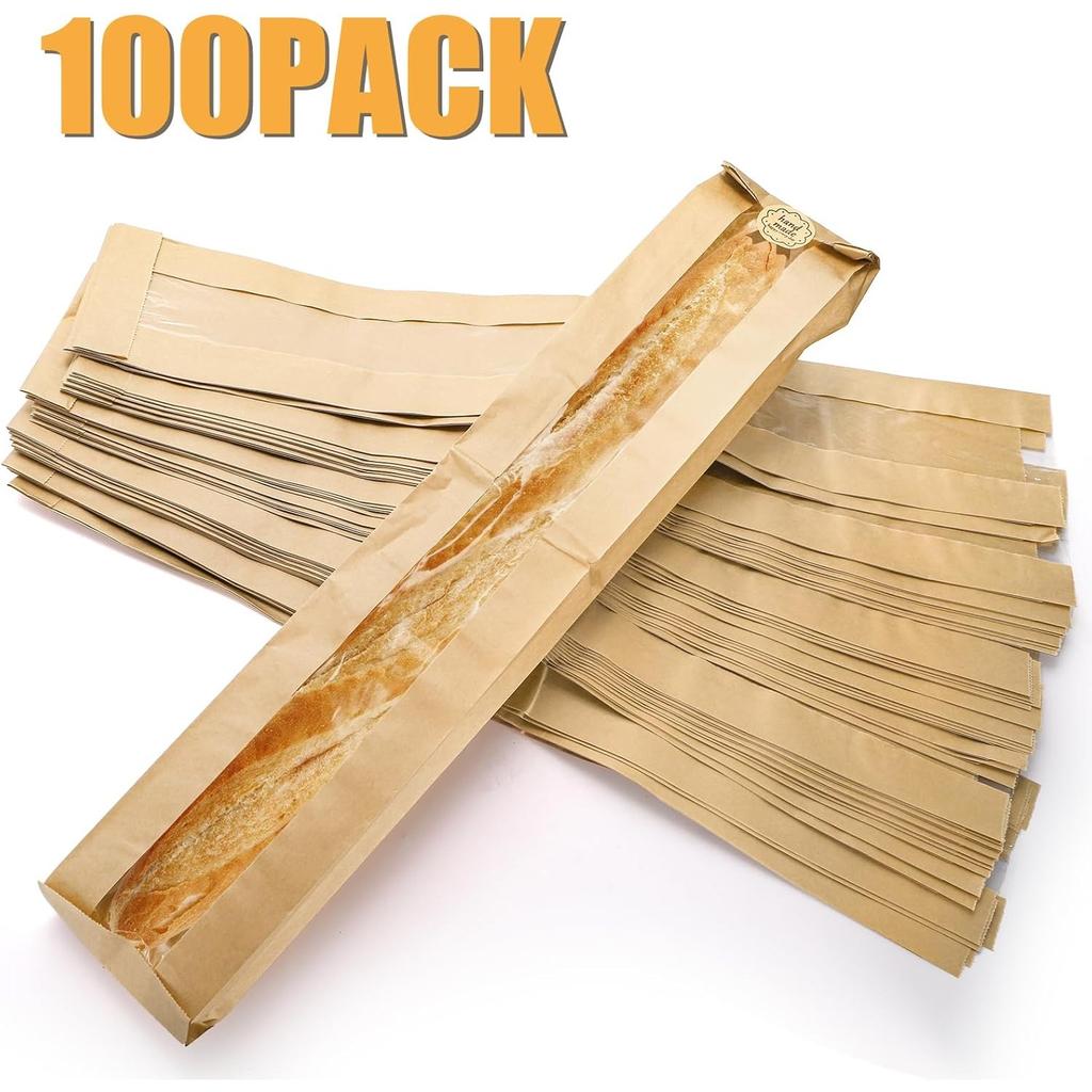 100 Pack Baguette Kraft Bags with Clear Front Window and 100 Seal stickers, Fresh Breads Loaf Packing Bags, 23"x4"x1.6" Long Bread Kraft Paper