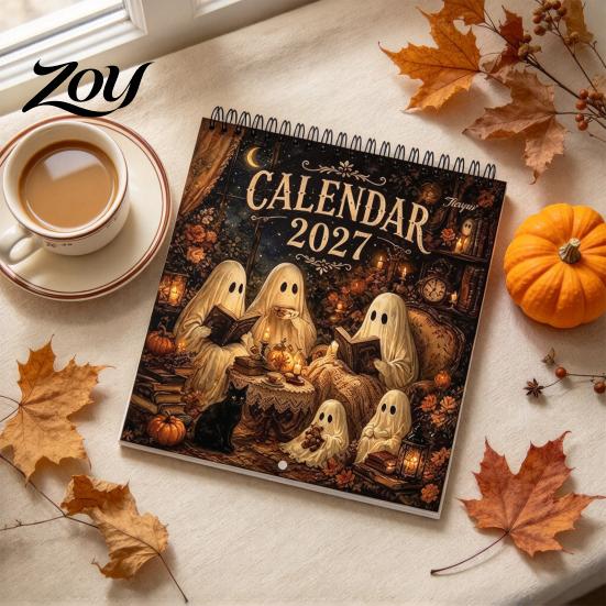Personalized Holiday Gift Ghost Wall Calendar 2027, Retro Illustration Monthly Planner with Sturdy Coil Artistic Binding And Thick Matte Paper