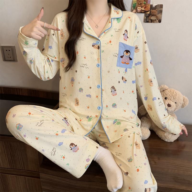 Cute style rabbit pure cotton pajamas women's spring and autumn long-sleeved thin cotton student casual loungewear set