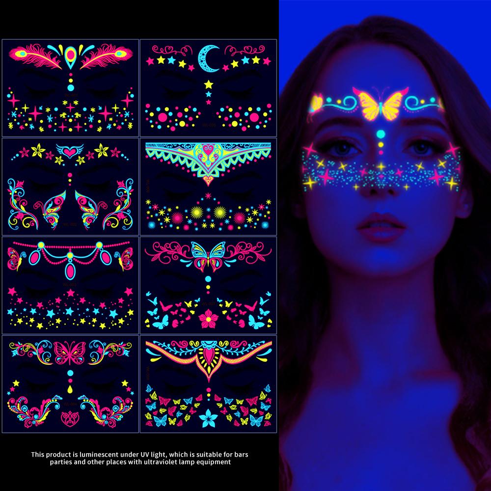 4/8 шт. Флуоресцентные наклейки-тату на лицо, временные наклейки с красочным дизайном цветов/бабочек/перьев, водостойкие татуировки для макияжа/вечеринки