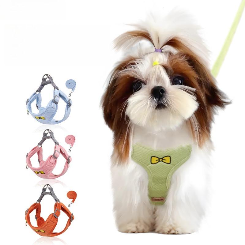 Soft Flannel Dog Vest Harness with Embroidery Bow Matching Traction Rope Adjustable Pet Chest Strap for Small Puppies Teddy Shih Tzu Walking