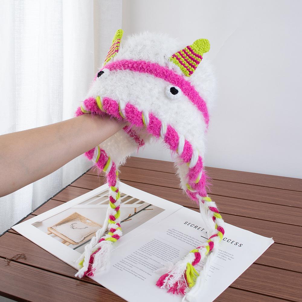 Cartoon little monster woolen hat female autumn and winter fringed braid headgear warm ear protection Lei Feng hat