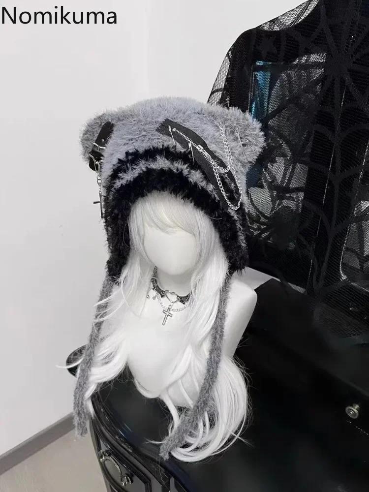 Harajuku Gothic Lolita Вязаная шапка с кошачьими ушками Женская панк-дизайнерская зимняя черная шапка-бини Милая шапка Женские аксессуары Кепка