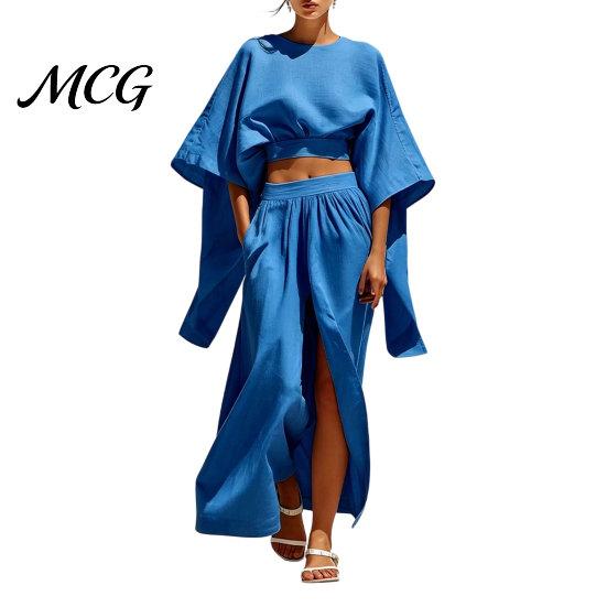 Solid Color Women Set Summer 2 Piece Outfits, Batwing Half Sleeve Crop Top Casual Outfit And High Slit Maxi Skirt Travel Vacation Matching Sets Spring