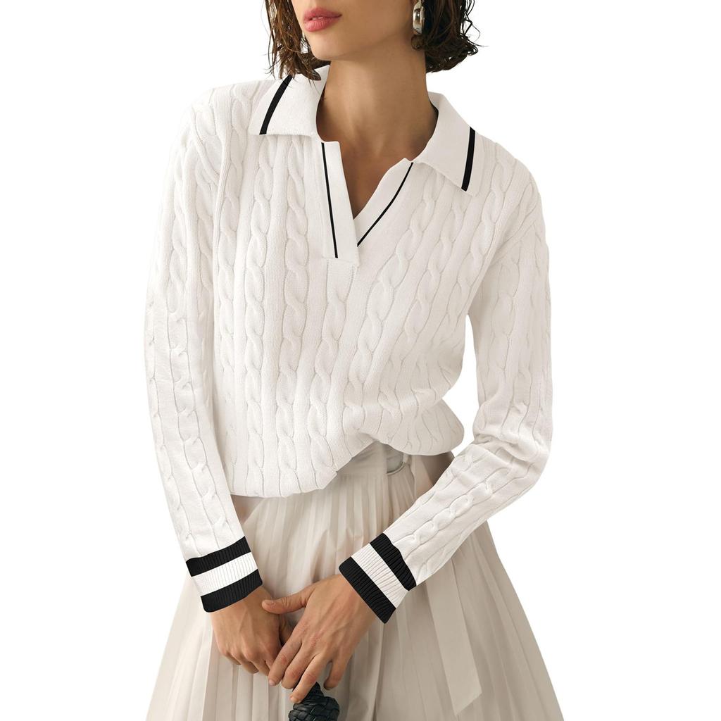 Women's Lapel Casual Soft Sweater Cable Knit Pullover