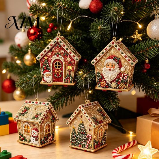 Holiday Celebration Supplies DIY Christmas Faux Pearl Art Painting Hanging Pendant Kit, 3D Bead Gingerbread Wooden Craft Project House Handmade