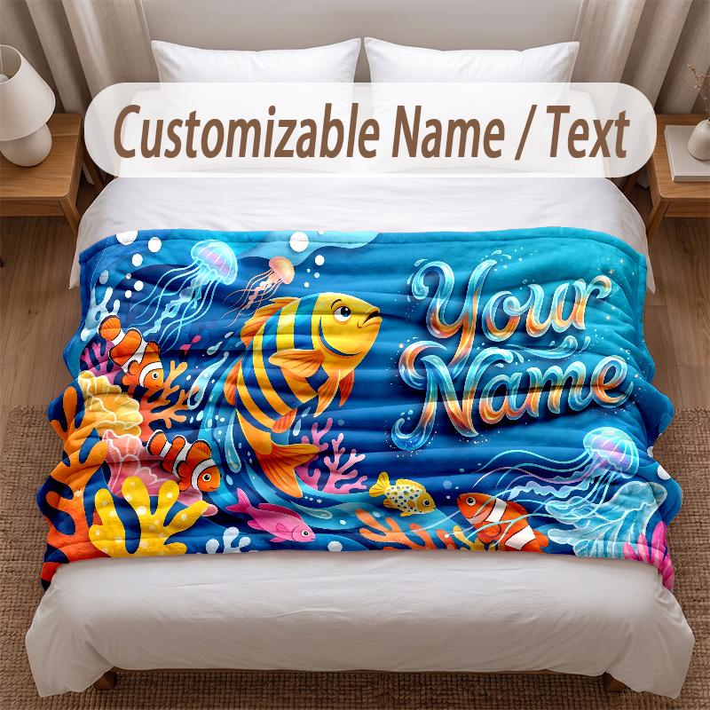 Fish Ocean Theme Soft Blanket Personalized Custom Name Text Print Warm Blanket Home Sofa Bedroom Decor