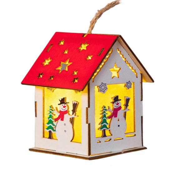 Wooden Christmas Decor with LED Light 3D Carved Hanging Wood Star/Village House/Bell/Gift Box Ornament for Xmas Tree Decor
