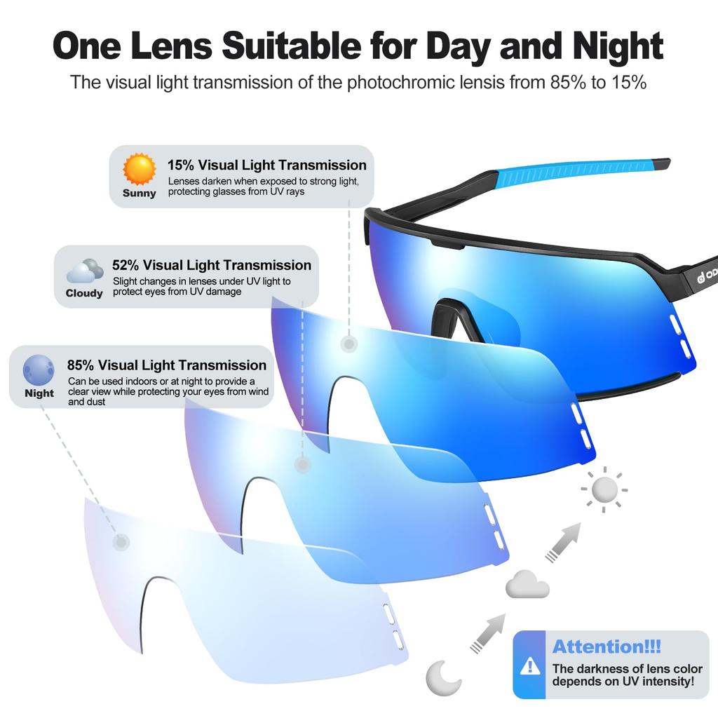 Photochromic Automatic Sports Case Color Changing Day and Night UV400 UV Cloudy Night Blue [Odoland] Sunglasses, Photochromic, Sunglasses, Included,