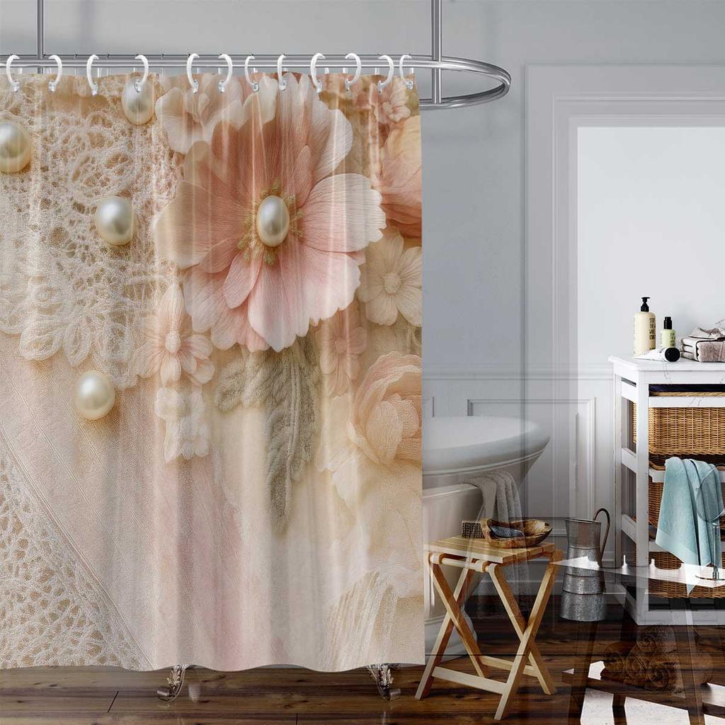 1PC Pearl Floral Pattern Printed Shower Curtain, Rural Life Style, with 12 Hooks, Bathroom Showers, Bathtub, Home Use