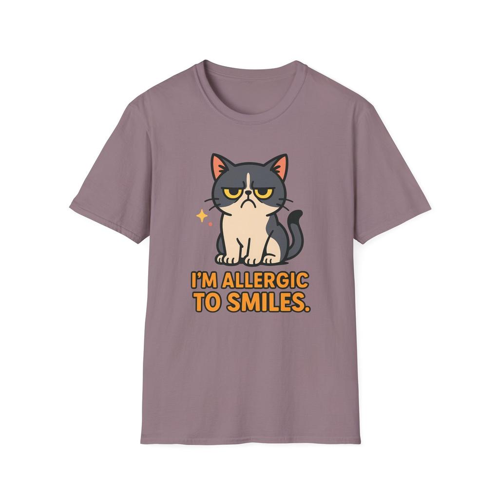 Unisex Softstyle T-Shirt Mens Womens Tees Top Round-Faced Cat Funny I’m Allergic to Smiles Pet Tee