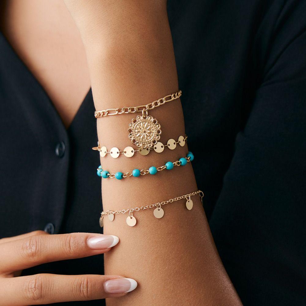 Necklace Set Turquoise Stone Necklace Golden Multi-layer Necklace Retro Jewelry Set Girls