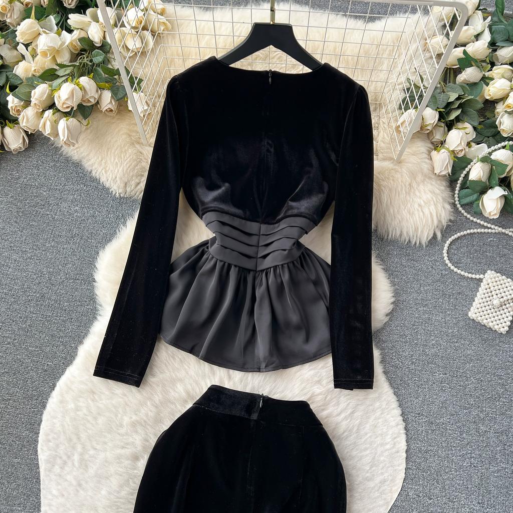 Осенние женские винтажные черные бархатные деловые наряды с длинными рукавами и оборками, топы, блузка и облегающая юбка-футляр, комплект из двух предметов для офисной работы