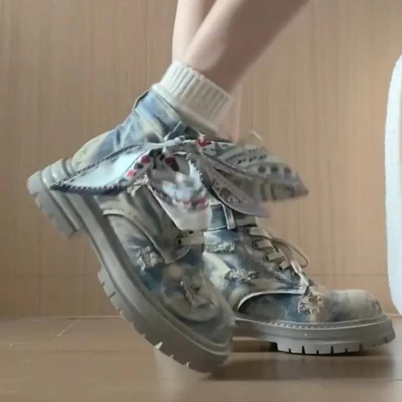 Женские ботинки Cowboy Ribbon Ankle Boots Platform Shunky на шнуровке New Motorcycle Boots Winter Fashion New Trend Walking Zapatos Mujer