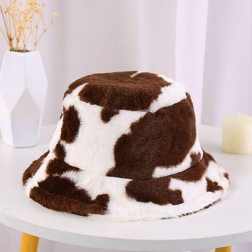 Panama Hats Lamb Plush Cow Pattern Female Hats Flannel Bucket Hat Korean Style Caps Cow Print Caps
