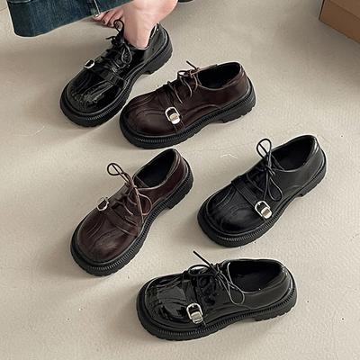 Дизайн в британском стиле, толстая подошва, увеличивающая рост, маленькие кожаные туфли, женские осенне-зимние, корейская версия, универсальные лоферы на шнуровке с ремешком и пряжкой