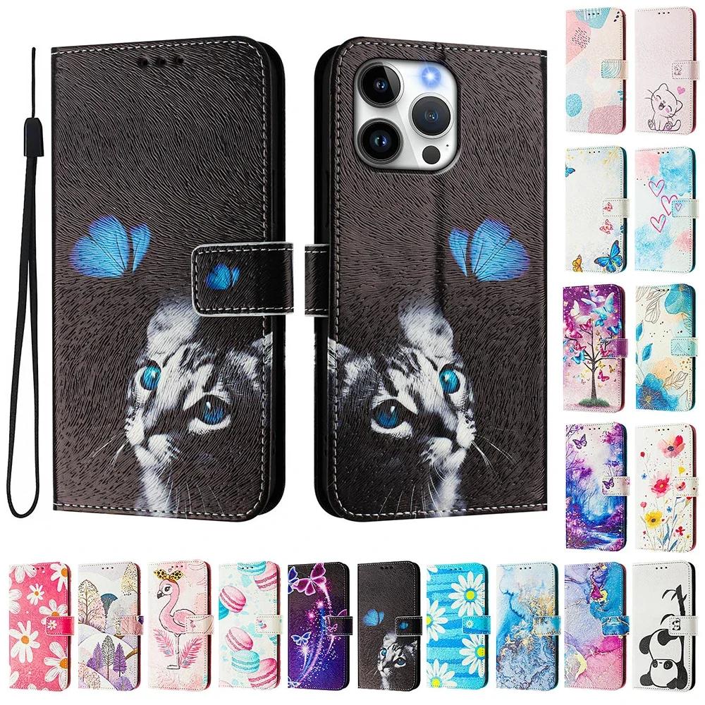Цветной кошелек-чехол с рисунком для iPhone 16E SE3 SE 8 7 6 6S Plus 16 Pro Max Ударопрочный с подставкой держателем для карт ремешком Защитная книжка