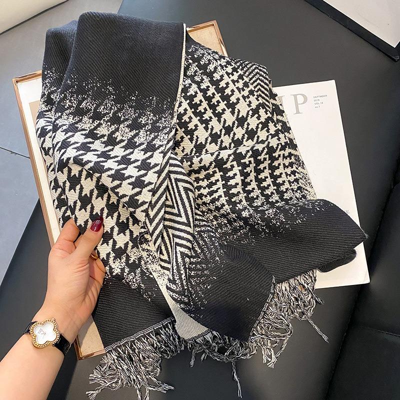 Черно-белый шарф с градиентным переходом, женский, осенне-зимний, новый, холодный, имитация кашемира, универсальный, теплый шарф-шаль