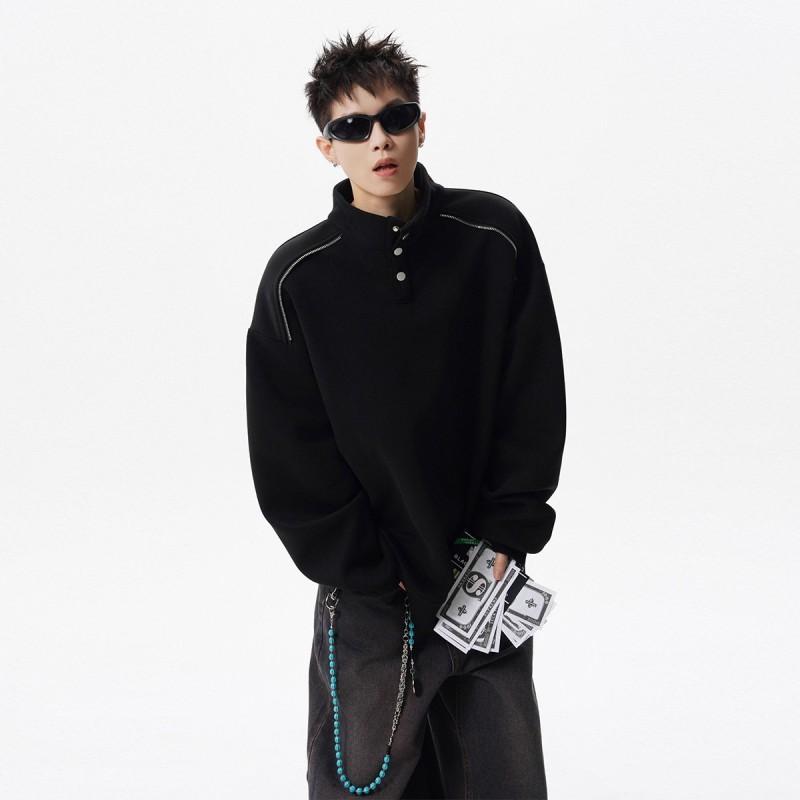 Heavyweight Stand Collar Half-Zip Sweatshirt Men Winter Fleece Lined Loose Fit Streetwear