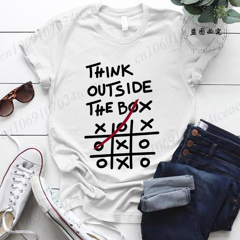 Think Outside The Box Printed Women T-Shirts, Women's Casual Tee Shirts Clothing Short Sleeve Crew Neck Top for Summer & Spring